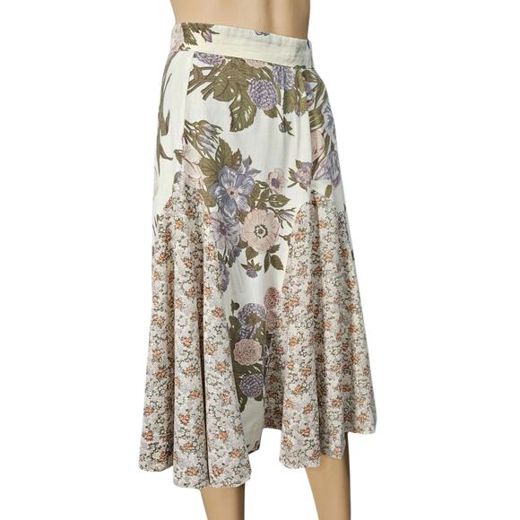 1960s Patchwork Brown Cream Handmade Floral Print Midi Mermaid Cut Skirt Size XS - Picture 3 of 8